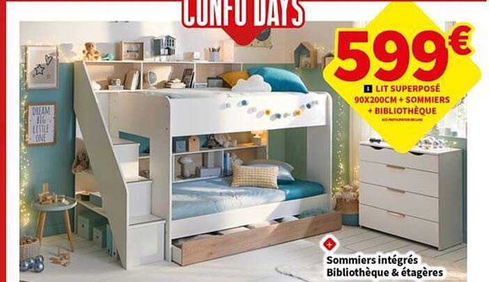 lit superposé 90 x 200 cm + sommiers + bibliothèque