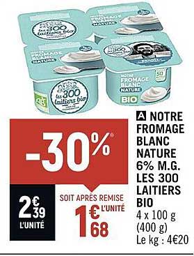 notre fromage blanc nature 6% m.g. les 300 laitiers bio