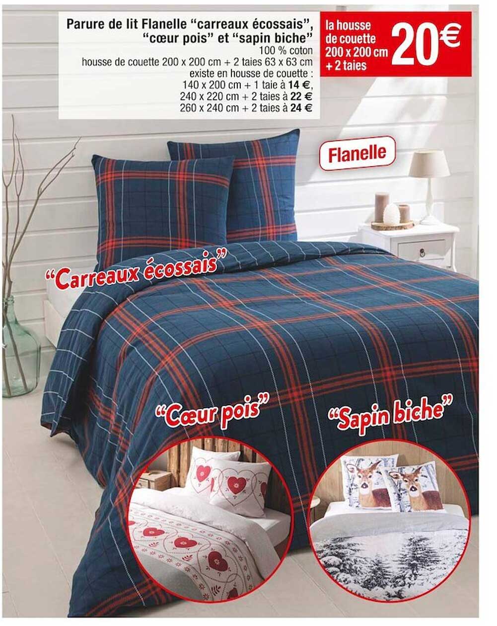 parure de lit flanelle "carreaux écossais" "cœur pois" et "sapin biche"