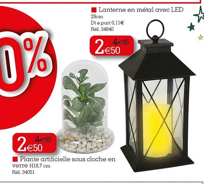 plante artificielle sous cloche en verre, lanterne en métal avec led