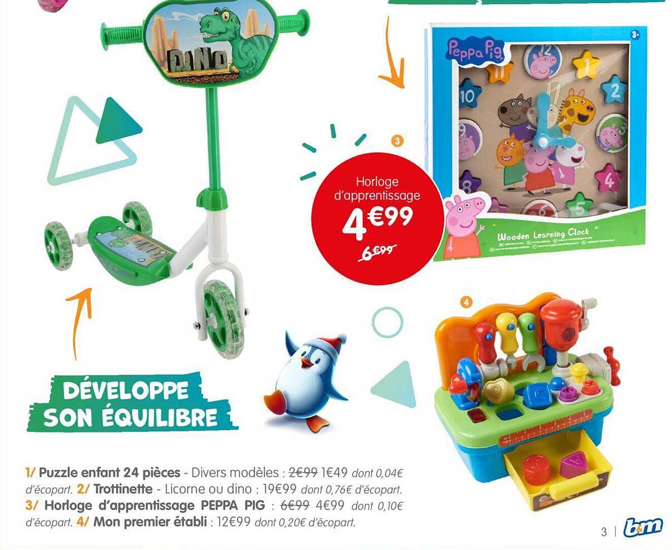 puzzle enfant 24 pièces, trottinette, horloge d'apprentissage peppa pig, mon premier établi