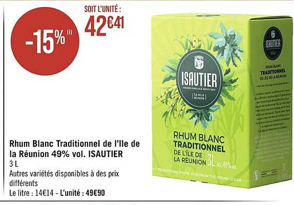 rhum blanc traditionnel de l'île de la réunion 49% vol. isautier
