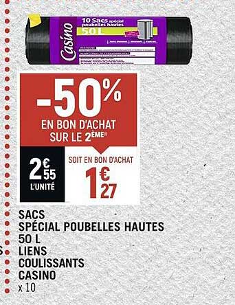 sacs spécial poubelles hautes 50 l liens coulissants casino