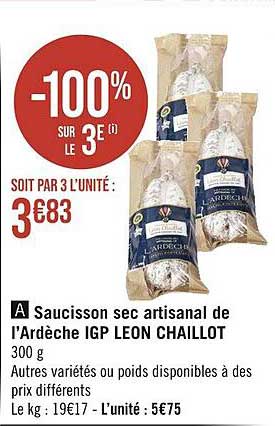 saucisson sec artisanal de l'ardèche igp léon chaillot