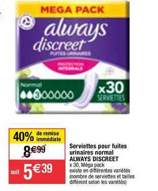 serviettes pour fuites urinaires normal always discreet
