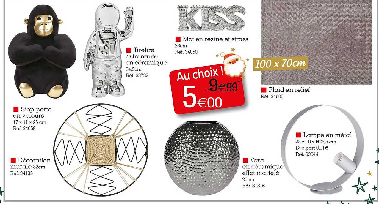 stop-porte en velours, décoration murale, tirelire astronaute en céramique, mot en résine et strass, plaid en relief, vase en céramique effet martelé