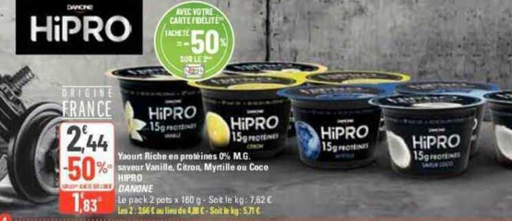 yaourt riche en protéines 0% m.g. saveur vanille, citron, myrtille ou coco hipro danone