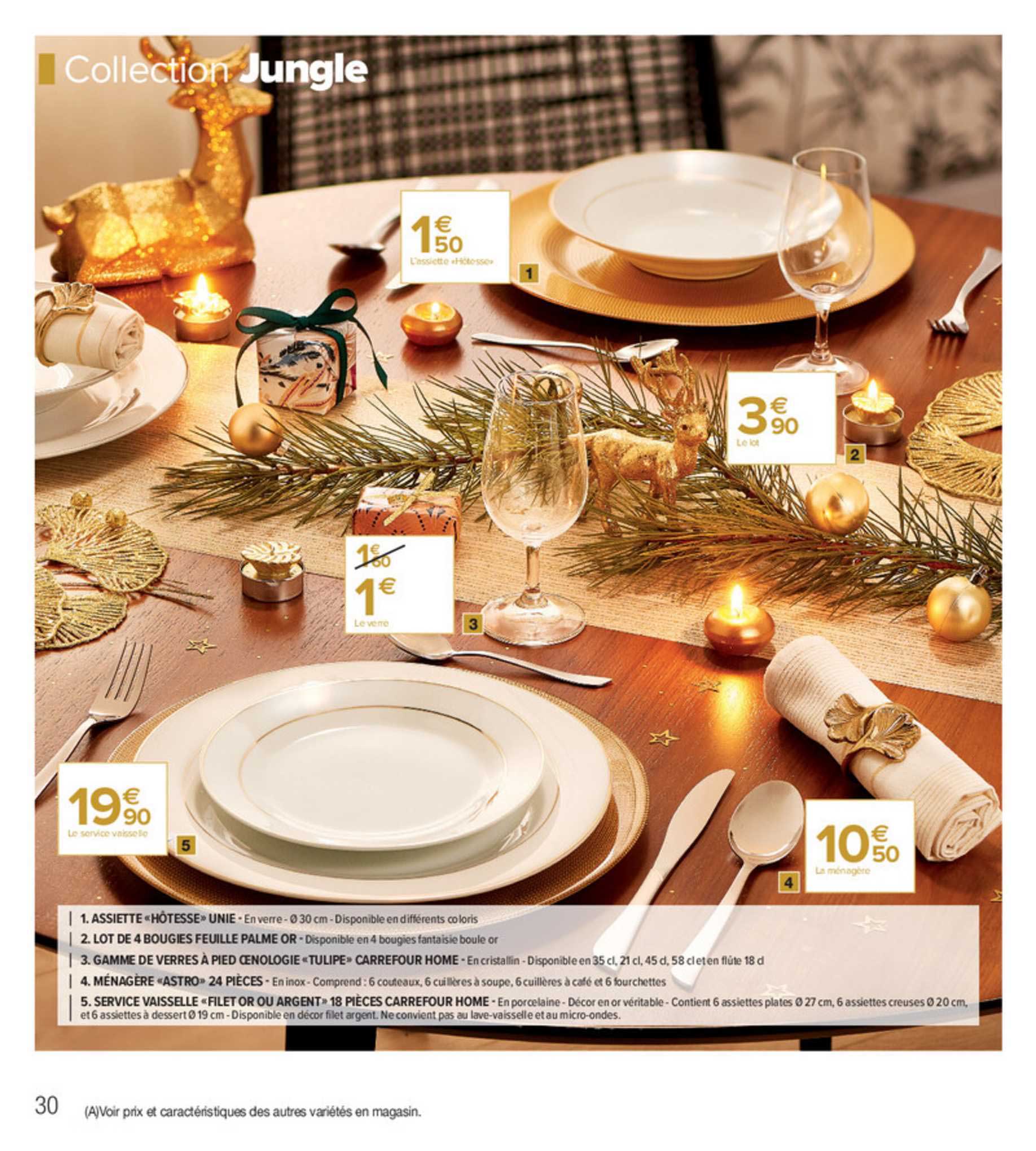 assiette "hôtesse" unie, bougie feuilles palme or, verres à pied "tulipe" carrefour home, ménagère astro, service vaisselle filet or ou argent