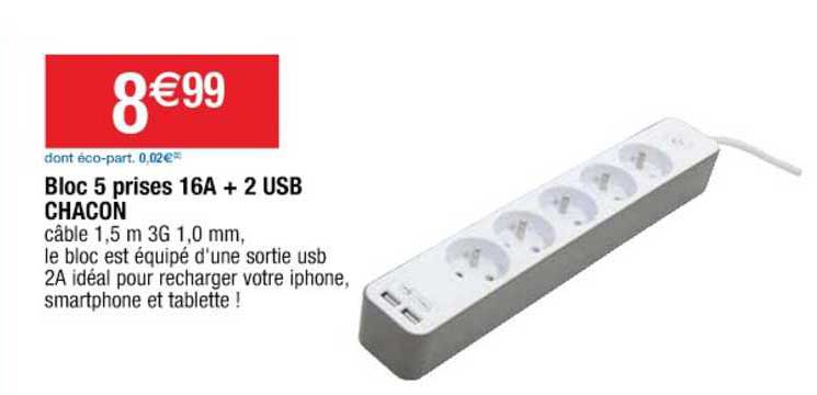 bloc 5 prises 16a + 2 usb chacon