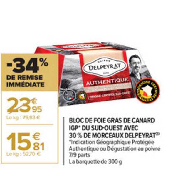 bloc de foie gras de canard igp du sud-ouest avec 30% de morceaux delpeyrat