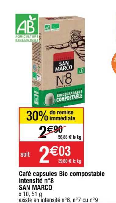 café capsules bio compostable intensité n° 8 san marco
