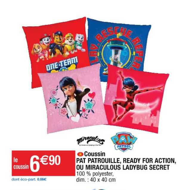 coussin pat patrouille, ready for action, ou miraculous ladybug secret