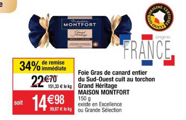 foie gras de canard entier du sud-ouest cuit au torchon grand héritage maison montfort