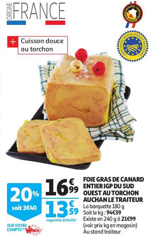 foie gras de canard entier igp du sud ouest au torchon auchan le traiteur