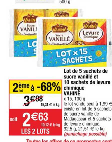 lot de 5 sachets de sucre vanillé et 10 sachets de levure chimique vahiné