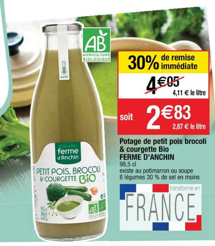 potage de petit pois brocoli & courgette bio ferme d'anchin