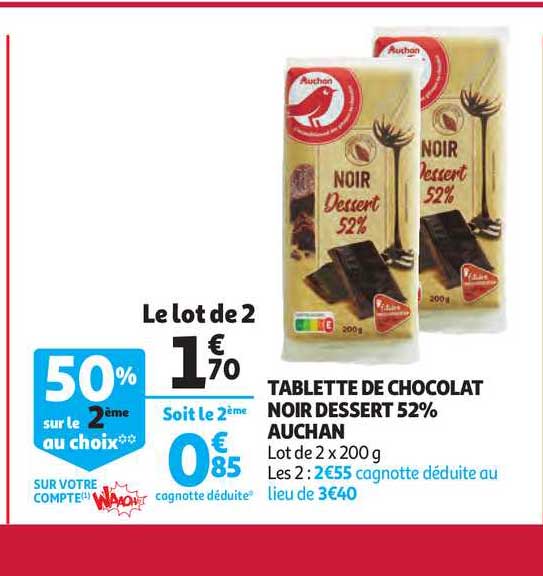 Tablette De Chocolat Noir Dessert 52% Auchan