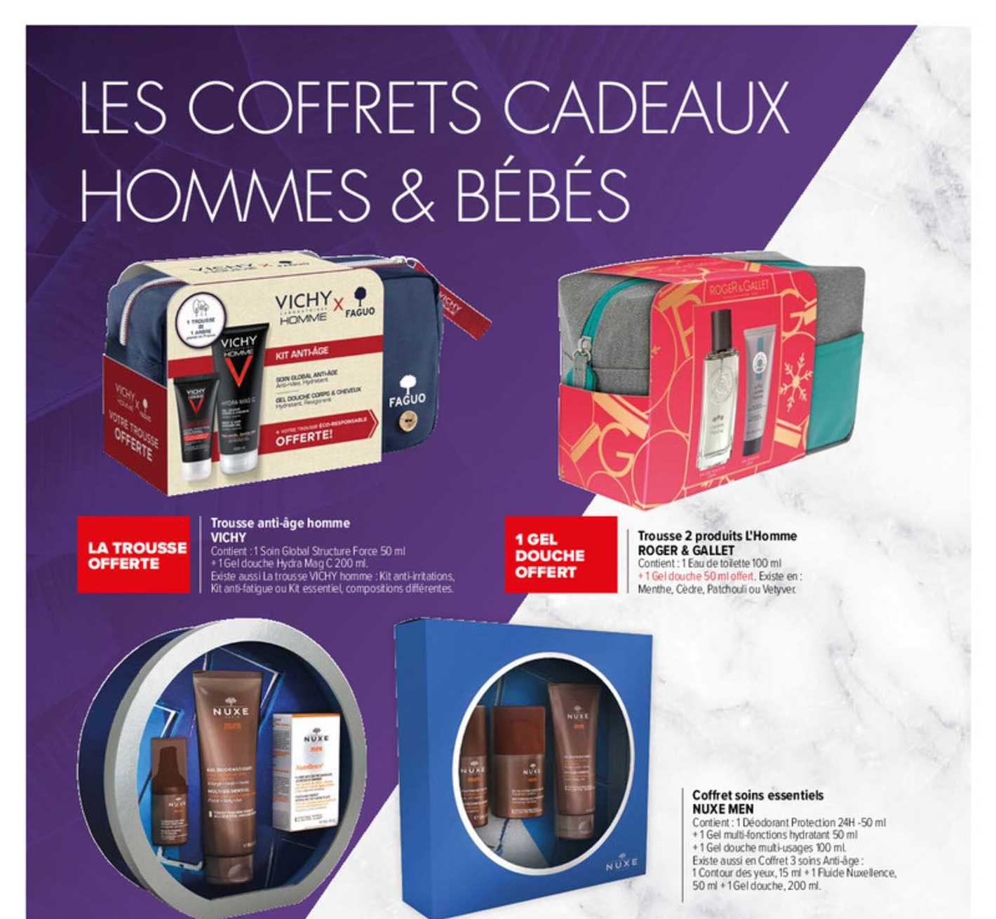 trousse anti-âge homme vichy, trousse 2 produits l'homme roger & gallet, coffret soins essentiels nuxe men