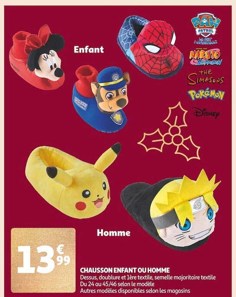 chausson enfant ou homme paw patrol, naruto, les simpsons, pokémon, disney