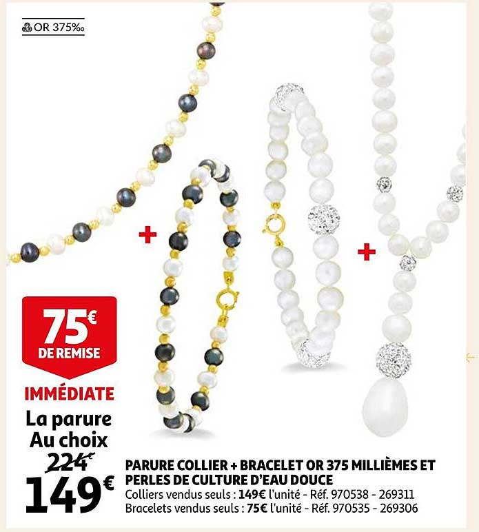 parure collier + bracelet or 375 millièmes et perles de culture d'eau douce