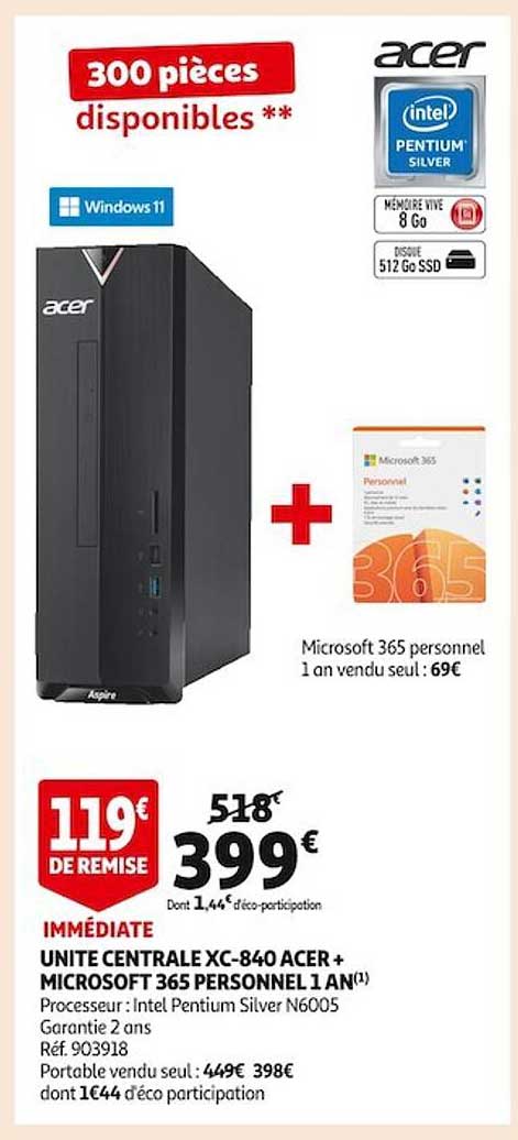 unité centrale xc-840 acer + microsoft 365 personnel 1 an