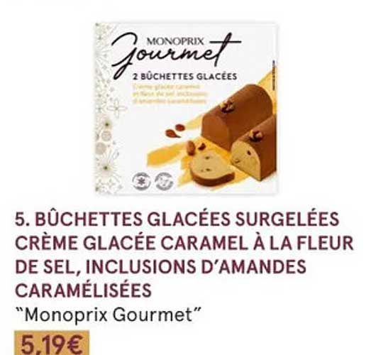 bûchettes glacées surgelées crème glacée caramel à la fleur de sel, inclusions d'amandes caramélisées "monoprix gourmet"