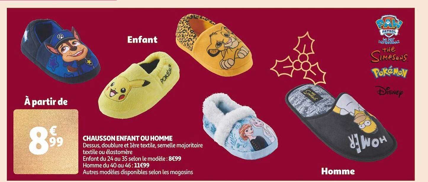 chausson enfant ou homme paw patrol, the simpsons, pokémon, disney