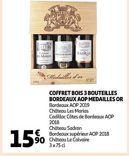 coffret bois 3 bouteilles bordeaux aop médailles or