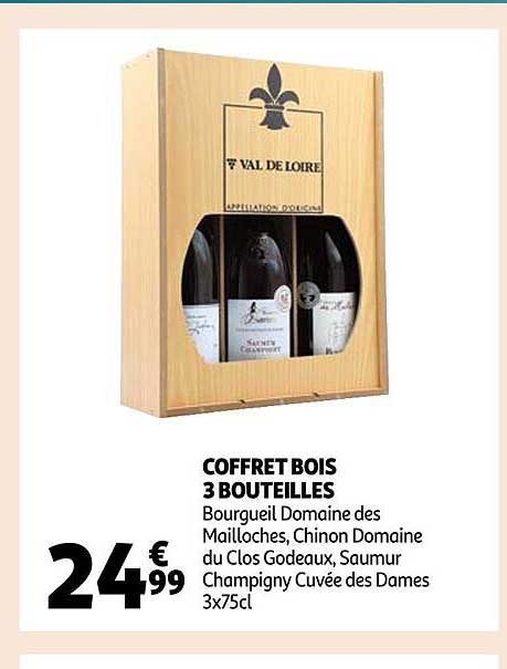 coffret bois 3 bouteilles bourgueil domaine des mailloches, chinon domaine du clos godeaux, saumur champigny cuvée des dames