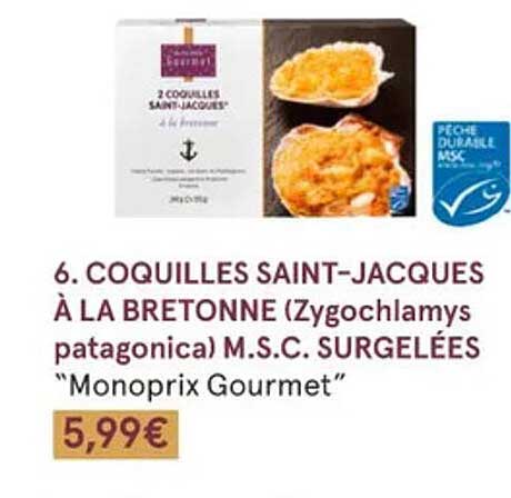 coquilles saint-jacques à la bretonne (zygochlamys patagonica) m.s.c. surgelées "monoprix gourmet"