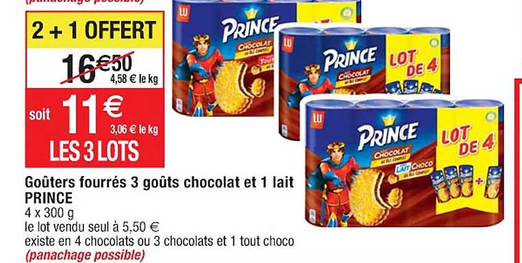 goûters fourrés 3 goûts chocolat et 1 lait prince