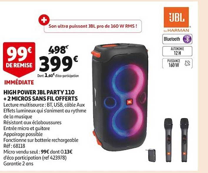 high power jbl party 110 + 2 micros sans fil offerts
