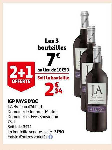 igp pays d'oc j.a. by jean d'alibert domaine de jouarres merlot, domaine les fées sauvignon