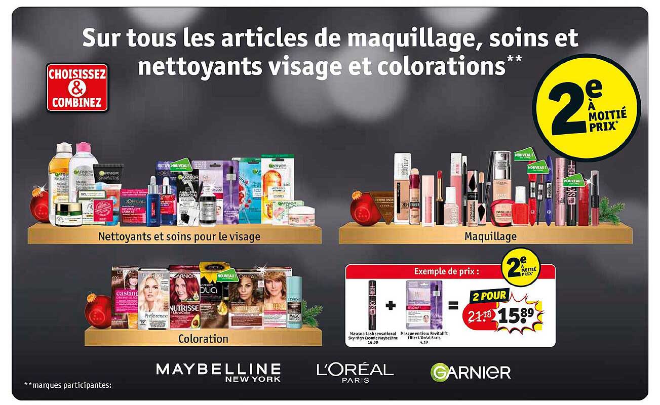 les articles de maquillage, soins et nettoyants visage et colorations