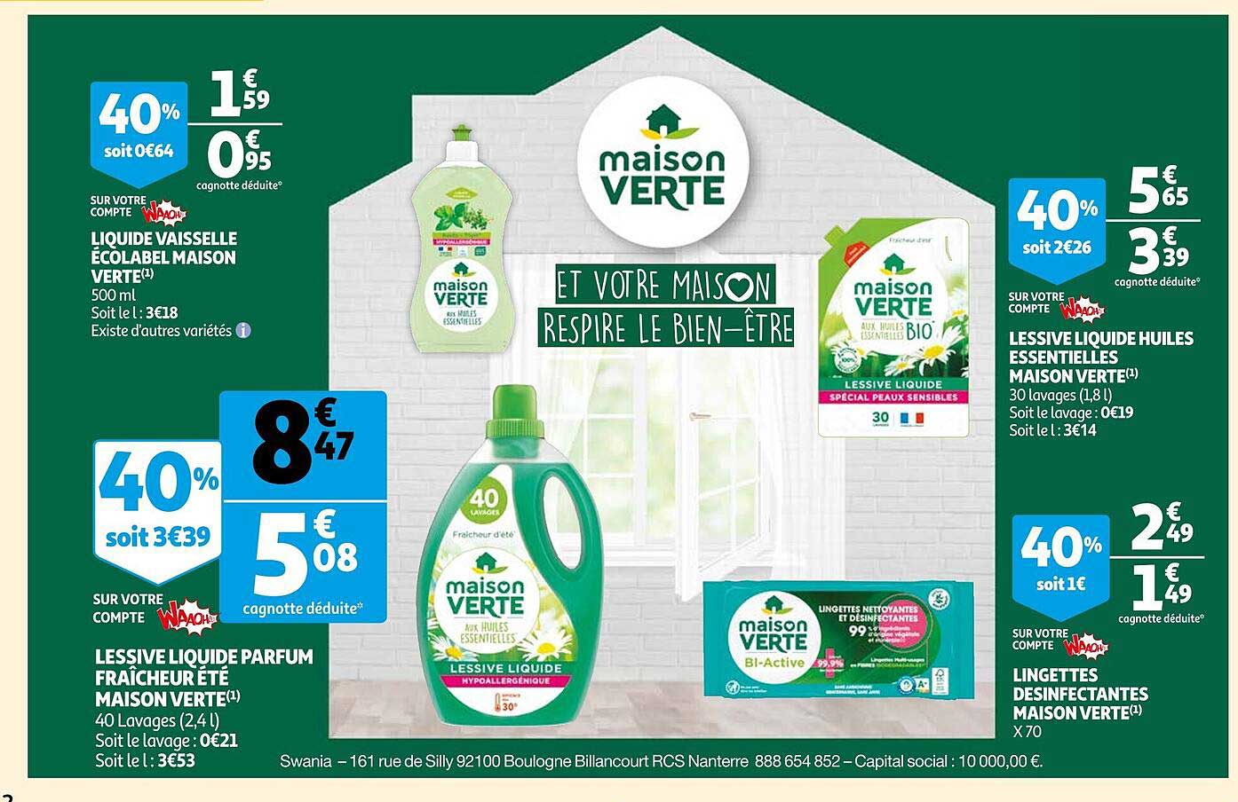 liquide vaisselle écolabel maison verte, lessive liquide parfum fraîcheur été maison vert, lessive liquide huiles essentielles maison verte, lingettes désinfectantes maison verte