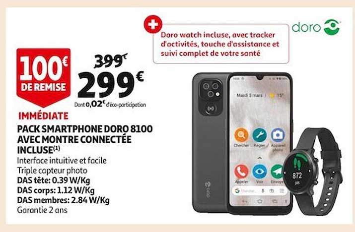 pack smartphone doro 8100 avec montre connectée incluse