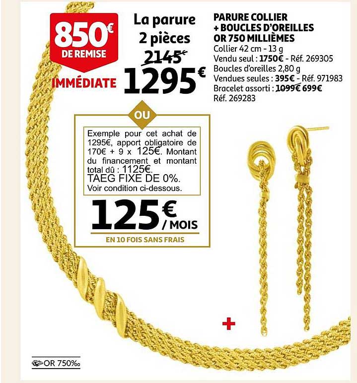 parure collier + boucles d'oreilles or 750 milllièmes