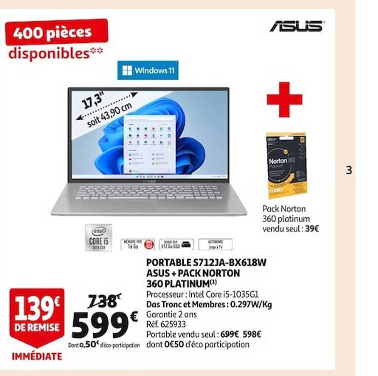 portable s712ja-bx618w asus + pack norton 360 platinum
