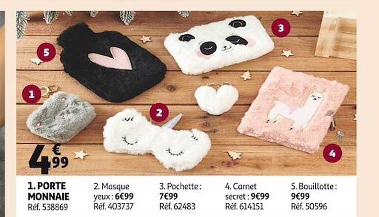 porte monnaie, masque yeux, pochette, carnet, bouillotte