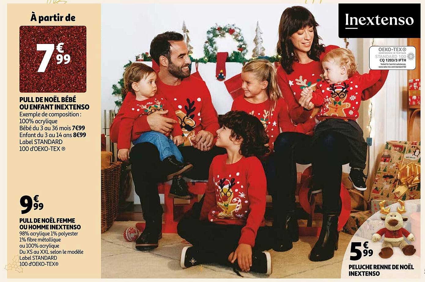 pull de noël bébé ou enfant inextenso, pull de noël femme ou homme inextenso, peluche renne de noël inextenso