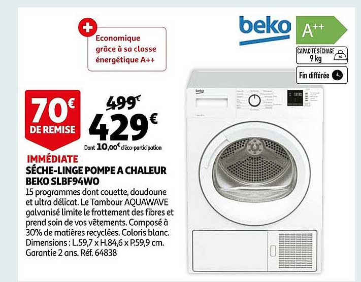 sèche-linge pompe à chaleur beko slbf94w0