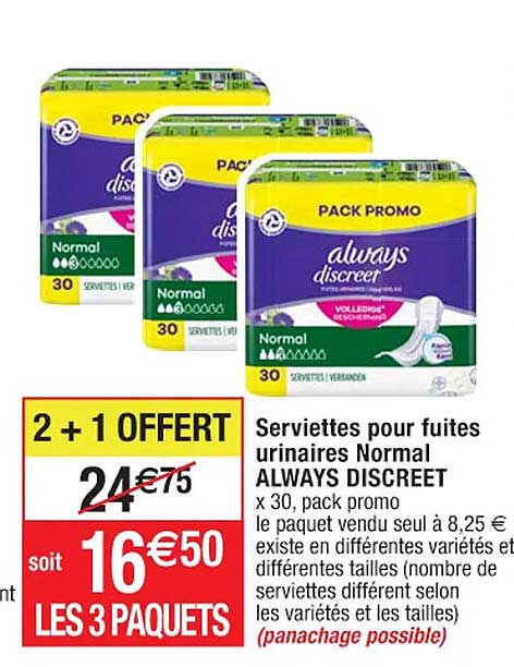 serviettes pour fuites urinaires normal always discreet