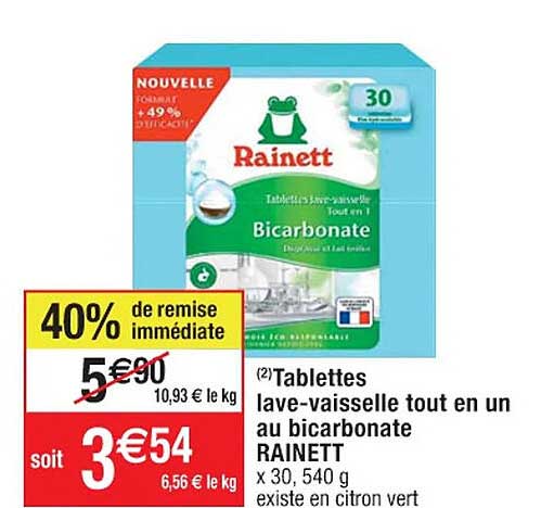 tablettes lave-vaisselle tout en un au bicarbonate rainett