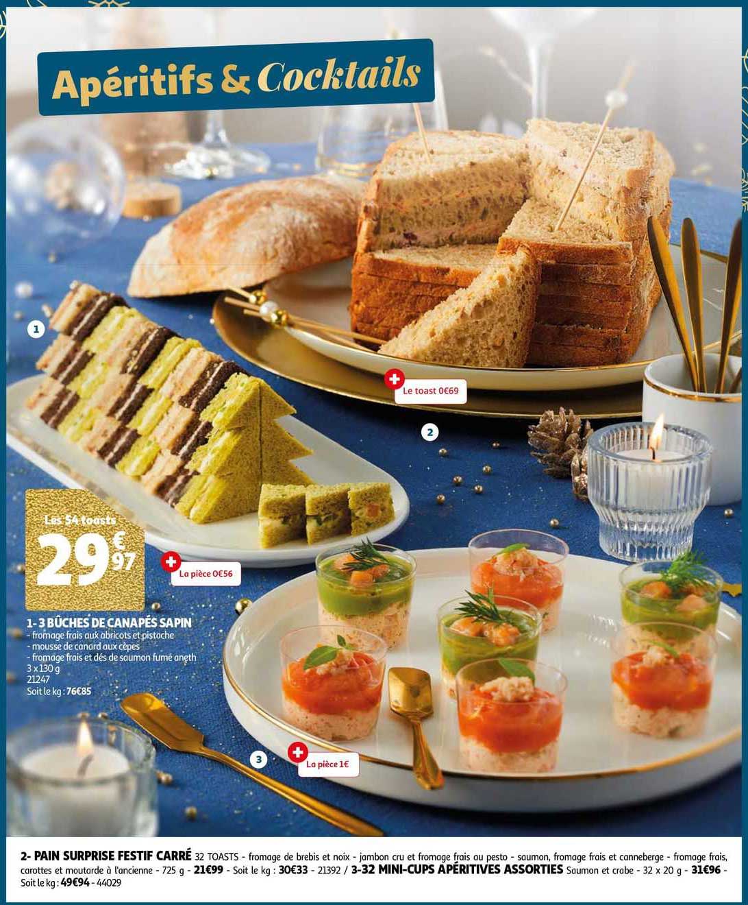 3 bûches de canapés sapinpain surprise festif carré, 32 mini-cups apéritives assorties