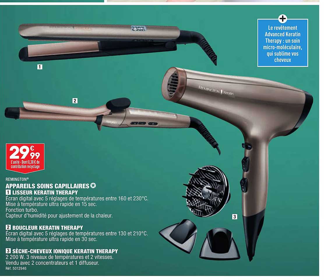 appareils soins capillaires remington : lisseur keratin therapy, boucleur keratin therapy, sèche-cheveux ionique keratin therapy
