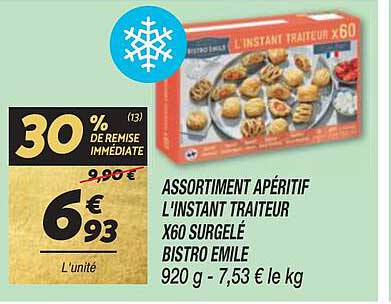 assortiment apéritif l'instant traiteur x60 surgelé bistro émile
