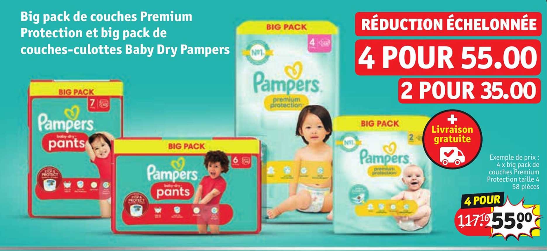big pack de couches premium protection et big pack de couches-culottes baby dry pampers