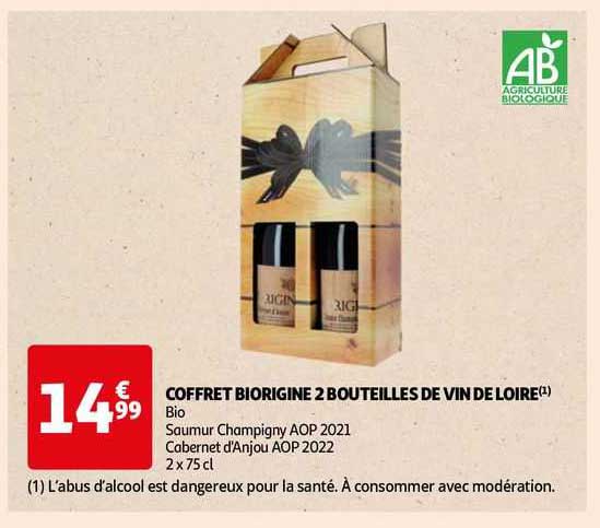 coffret biorigine 2 bouteilles de vin de loire bio saumur champigny aop 2021, cabernet d'anjou aop 2022