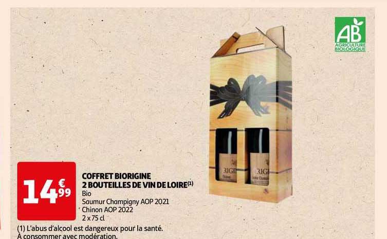 coffret biorigine 2 bouteilles de vin de loire bio saumur champigny aop 2021, chinon aop 2022