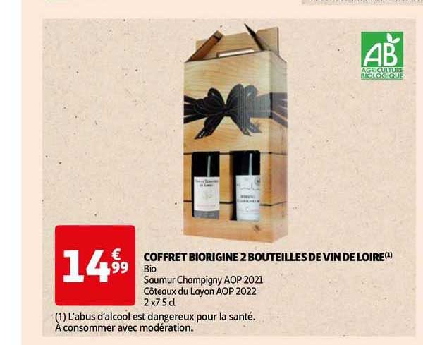 coffret biorigine 2 bouteilles de vin de loire bio saumur champigny aop 2021, côteaux du layon aop 2022